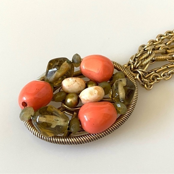 Necklace Pendant Acrylic Bead Work Light Gold Tone Multi Chains Chunky - Picture 4 of 12